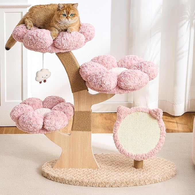 797Audio Flower Cat Tree, 37" Wood Branch Cat Tower, Pink Cloud Cat Tree with Scratching Post for Indoor Adult Cats, Luxury Cat Tree with Cat Scratch Pad & Interactive Squeaky Hanging Toy