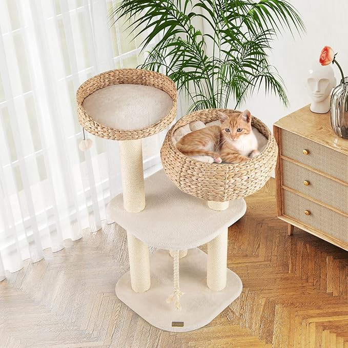 41 Inches Wicker Cat Tree, Modern Cat Tower with Handwoven Cat Condo & Perch, Scratching Post, Dangling Balls and Sisal Rope, Indoor Cat Tree Tower for Large Adult Cats 20 Lbs (White)