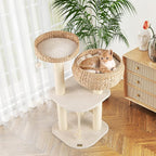 41 Inches Wicker Cat Tree, Modern Cat Tower with Handwoven Cat Condo & Perch, Scratching Post, Dangling Balls and Sisal Rope, Indoor Cat Tree Tower for Large Adult Cats 20 Lbs (White)