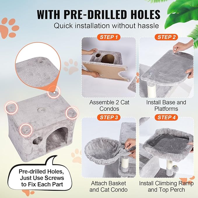 Cat Tree Tower 68.5" for Indoor Cats with 2 Condos, Scratching Posts, Hammocks & Perches, Multi-Level Cat Furniture with Sisal Posts & Plush Platforms, Supports Multiple Cats