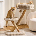 HITTITE Natural Solid Wood Cat Tree Tower with Scratching Post, 32 Inches Tall Modern Cat Tower with Cozy Bed and Platforms, Luxury Real Branch Cat Tree for Indoor Cats Large Adult, Khaki.