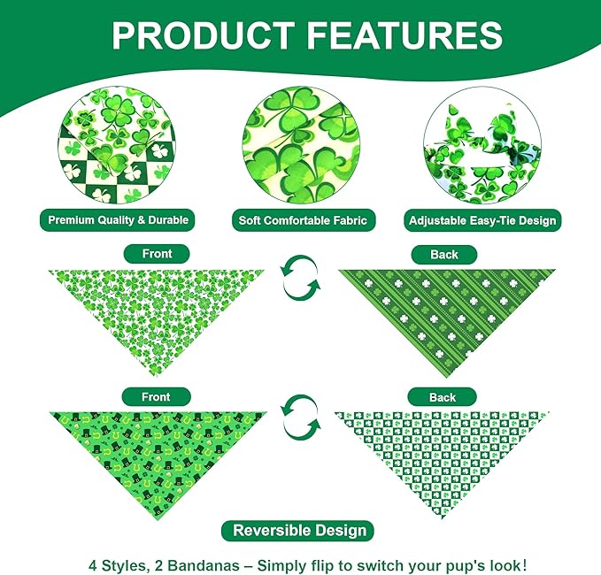 St. Patrick’s Day Bandanas 2-Pack for Small to Medium Dogs - Reversible Leprechaun Hats Shamrock Scarf, Green & White Pet Accessories for Irish Gift
