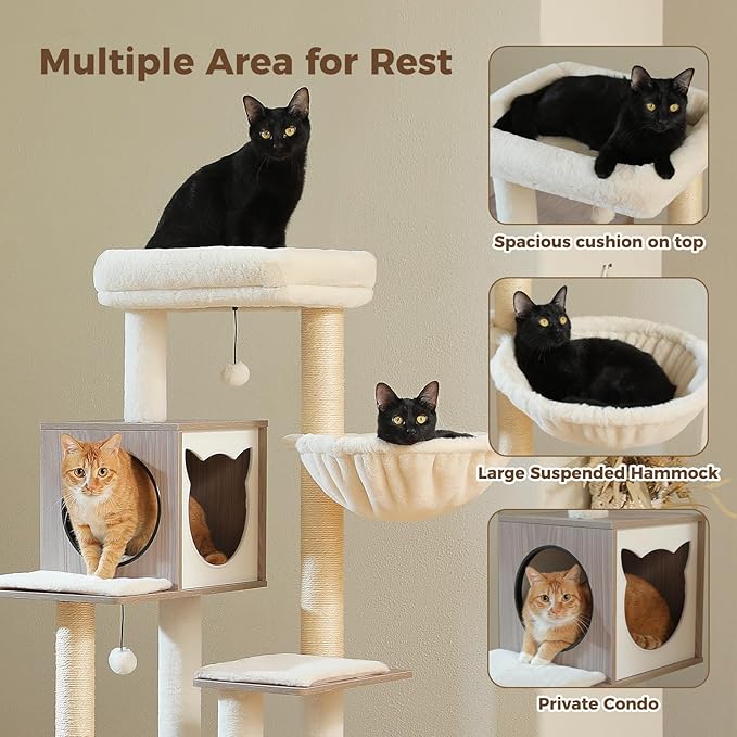 Tall Cat Tree with Litter Box Enclosure 57.5" Wooden Cat Tower for Large Cats with Cat Hammock House Bed (Wood Grey)