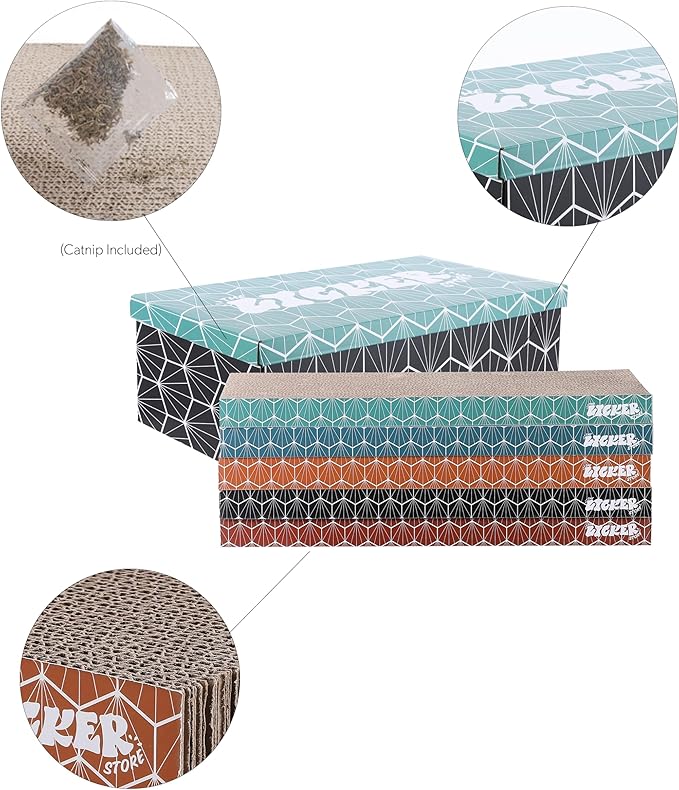CSR1009A Naomi 17" Modern Cardboard Reversible Cat Scratcher Pad in Box with Catnip, Multi-Colored (5-Pack)