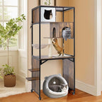 Cat Tower with Litter Box Enclosure, Wooden Cat Tree Tower with Scratching Post, Sturdy Metal Frame Cat Furniture with Adjustable Bed & Anti-Tipping Design, Mobile Cat Condo for Indoor Cats