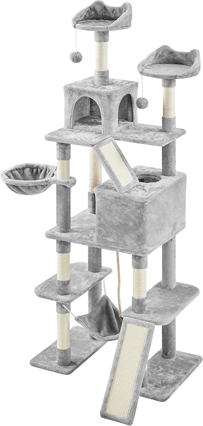 Topeakmart Cat Tree, 82.5in Climbing Tower with 2 Kitten-Ear-Style Top Perches, Hammock, Basket, Scratching Posts, Multilevel Pet Furniture Activity Center for Indoor Felines, Light Gray
