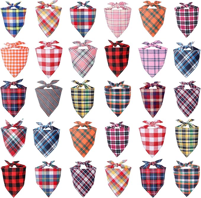 Segarty 30 Pack Large Dog Bibs, 27.56"x19.7" Pet Plaid Scarf Triangle Dog Bandanas Accessories Bulk for Medium Large Pets, Adjustable Reversible Pets Birthday Kerchief