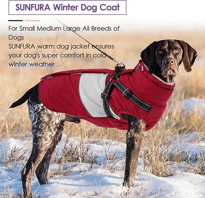 SUNFURA Small Dog Coat with Harness Built in, Warm Dog Jacket Winter with Zipper On Back, Waterproof Pet Snow Jacket Snowsuit Pet Sweater Clothes for Schnauzer, Yorkshire Terrier, Burgundy S