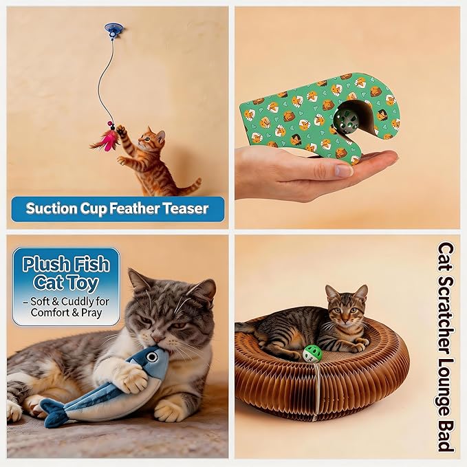 Collapsible Round Cat Scratcher Lounge Bed,Accordion Cardboard Scratching Board for Indoor Large Cats, Kitten Bed & Play Toy,14.2 inch