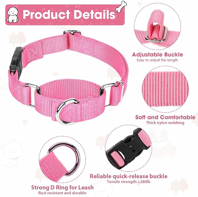Martingale Collar for Dogs with Quick Release Buckle, Heavy-Duty Solid Color Nylon Training Collars - Adjustable No-Slip Design for Medium & Large Dog