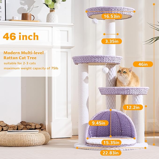Modern Cat Tree Tower for Large Cat with Scratching Post for Indoor, 46 inch Multi-Level Cat Tower with Handwoven Beds, Cat Cave, Dangling Balls