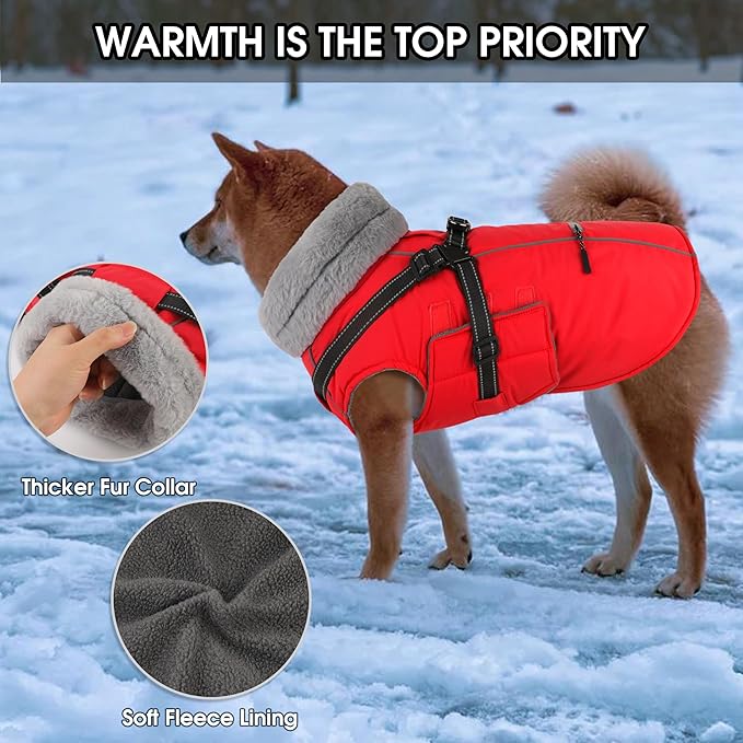 PETDSH Dog Coat Large, Built-in Harness Dog Jacket with Warm Fleece Lining, Waterproof Reflective Dogs Winter Coat, Pet Coats with Pocket and Trash Bags (Red, Large)