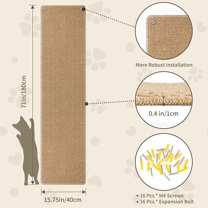 FHTONGE 71x15.8 Thickened Cat Wall Climbing Carpet with 16 Fixed Nails, Extra Large Tall Cat Scratch Pad for Wall, Wall Mounted Climbing Cat Scratcher for Furniture Couch Sofa Protector(Camel)