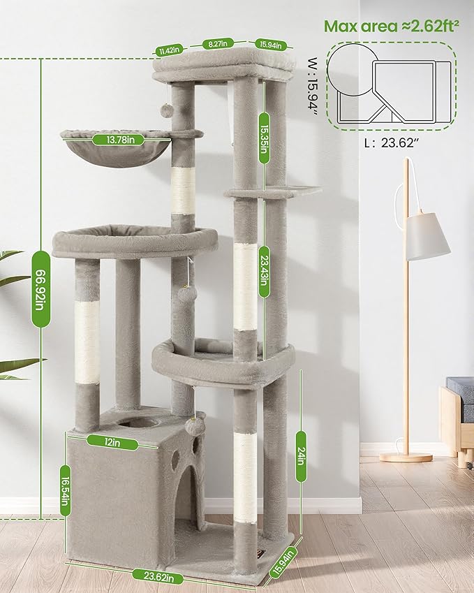 Cat Tree Tower for Indoor Cats, 67 inch Multi-Level Tall Climbing Tower with 3 Large Platform, Scratching Post, Hammock, Kitty Condo for Multiple Cats, Modern Cat Tree Furniture Heavy Duty, Light Grey