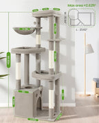 Cat Tree Tower for Indoor Cats, 67 inch Multi-Level Tall Climbing Tower with 3 Large Platform, Scratching Post, Hammock, Kitty Condo for Multiple Cats, Modern Cat Tree Furniture Heavy Duty, Light Grey