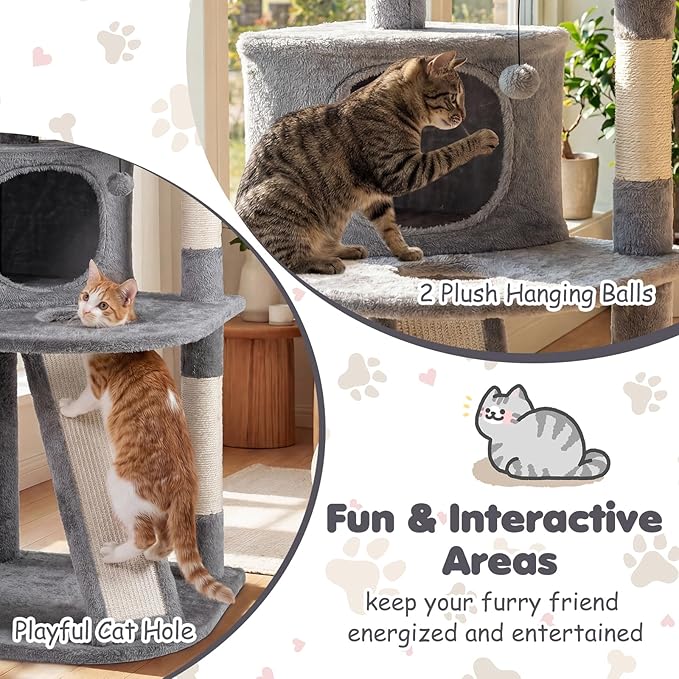 Tangkula Corner Cat Tree, Multi-Level Cat Tower with Top Perches & Cozy Condo, Natural Sisal Scratching Posts & Climbing Ladder, Playful Cat Hole & Hanging Balls, Climbing Play Center (Light Gray)