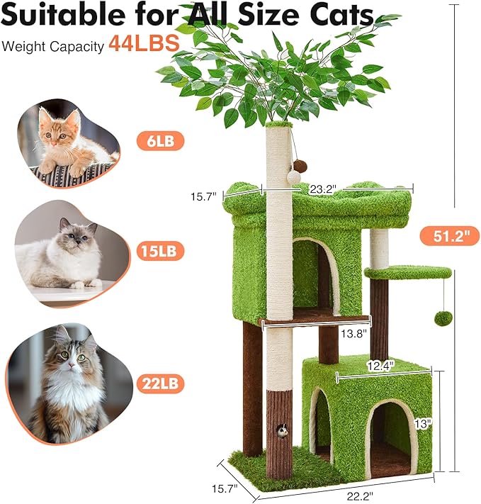 60in Cat Tree with Cat Scratching Post Tree-Shaped Cat Tree Tower with 2 Large Cat Houses and Wide Top Perch Bed for Adults and Large Cats