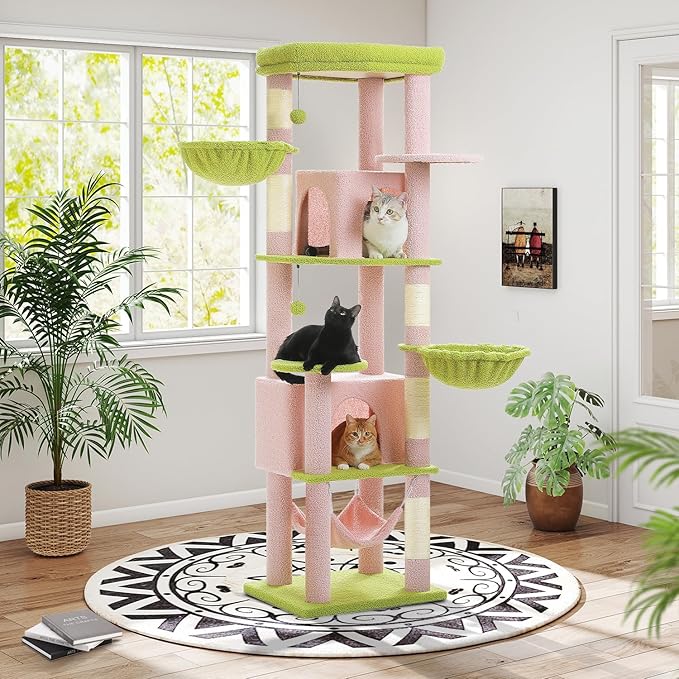 71.2 Inches Flower Tall Cat Tree for Large Cats, Multi-Level Cat Tower with 2 Cozy Condos, Super Large Top Perch, 3 Hammocks, Sisal Scratching Posts and 2 Pompoms, Pink