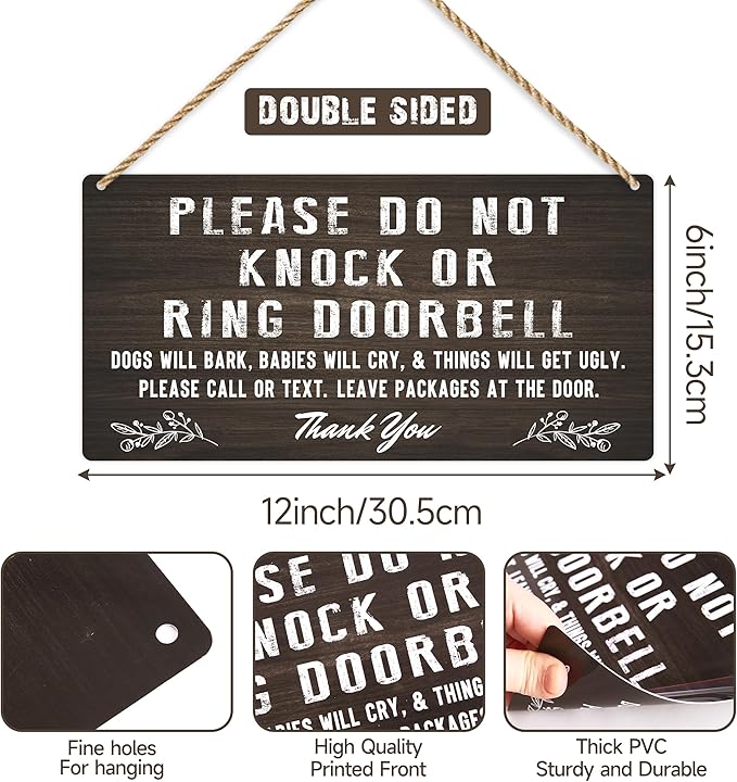 Do Not Knock Baby Sleeping Sign for Front Door, Double-sided PVC Rustic Please Do Not Ring Doorbell No Soliciting Hanging Sign for Home, House, Office, Business