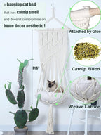 KARCEEY Macrame Cat Hammock Hanging Bed - Boho Wall Swing with Catnip Cushion for Wall Climber & Window Perch - Hardware Kit Included