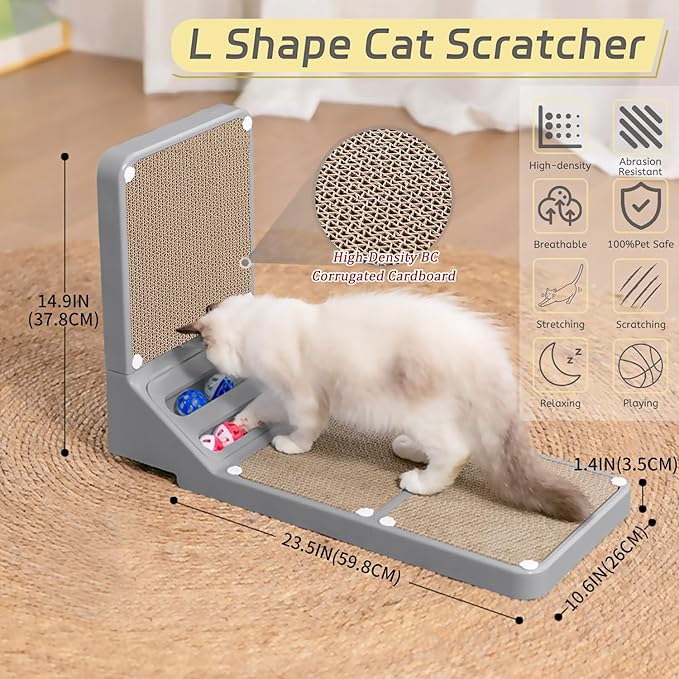 Cat Scratcher Cat Scratch Pad L Shape Wall Mounted Dual Use (Vert/Horiz) Kitten Bunifa Scratching Card Board Vertical Post with Ball Toys Feathers,Protecting Furniture Core is Replaceable Large Grey