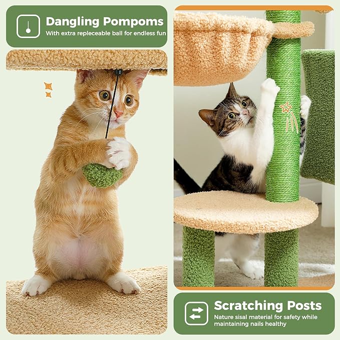 Cactus Cat Tree for Large Cats, 59" Tall Cat Tower with Spacious Condo, Large Hammock, Scratching Posts and 2 Perches, Sturdy Play House for Indoor Cats, Green