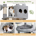 Globlazer 82" Extra Large Cat Tree for Big Cats, Heavy Duty Cat Tree for Multi-Cat Household, Maine Coon Cat Tree with 3 Condos, 2 Hammocks, 3 Perches & Scratching Board, S82D, Light Grey