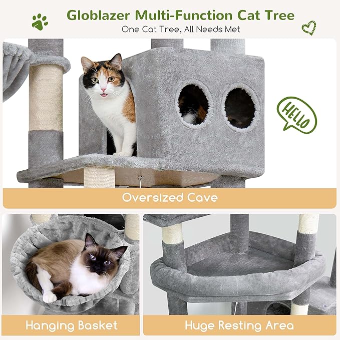 Globlazer 82" Extra Large Cat Tree for Big Cats, Heavy Duty Cat Tree for Multi-Cat Household, Maine Coon Cat Tree with 3 Condos, 2 Hammocks, 3 Perches & Scratching Board, S82D, Light Grey