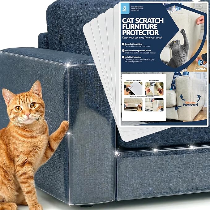 Cat Scratch Furniture Protector, 8-Pack Couch Protector from Cat Claws - Pre-Cut Clear Anti-Scratch Tape Sheets for Sofa Corner, Door & Wall, One-Sided Cat Deterrent
