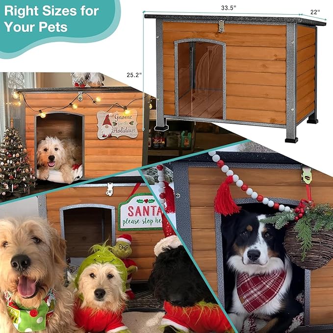 Heated Dog House Outdoor,Anti Bite Iron Frame Dog Kennel with Adjustable Temperature and Time,Insulated Weatherproof Outside Shelter for Feral Animal (Brown, M)