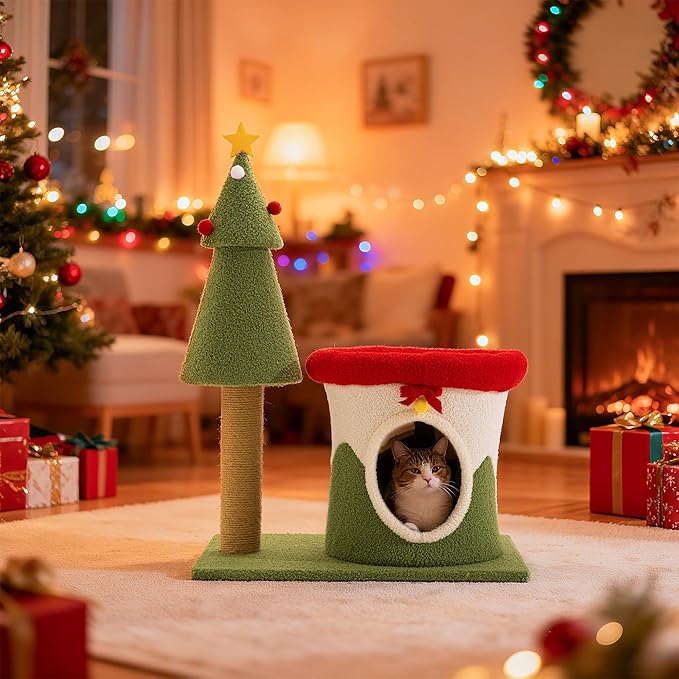 AQUILLA 29.7in Christmas Cat Tree Tower for Indoor Cats, Multi-Level Cat Condo with Sisal Scratching Posts, Cozy Hideaway & Top Perch, Red & Green Holiday Pet Play House for Small Cats and Kittens