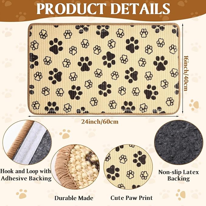 2 Pcs Cat Scratcher Mat Natural Sisal Rug with Cute Paw Print Cat Scratch Scratching Pad Protector for Indoor Floor Wall Couch Furniture with Self-Adhesive Tape 24 x 16 Inch