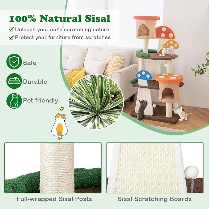 Mushroom Cat Tree, Multi-Layer Cat Tower with 2 Condos & Platforms, Cat Activity Center with Full-Wrapped Sisal Posts, Sisal Scratching Boards & Interactive Balls for Indoors (57.5")