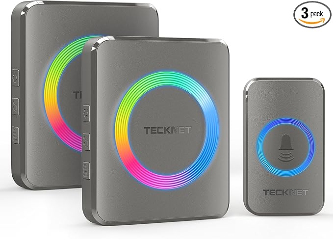 TECKNET Wireless Doorbell with 2 Plug-In Receivers, IP65 Waterproof Doorbells for home, 1300ft Operating Range, 60 Melodies & 5 Volume Levels of 0-120 dB, RGB Light for Hearing Impaired