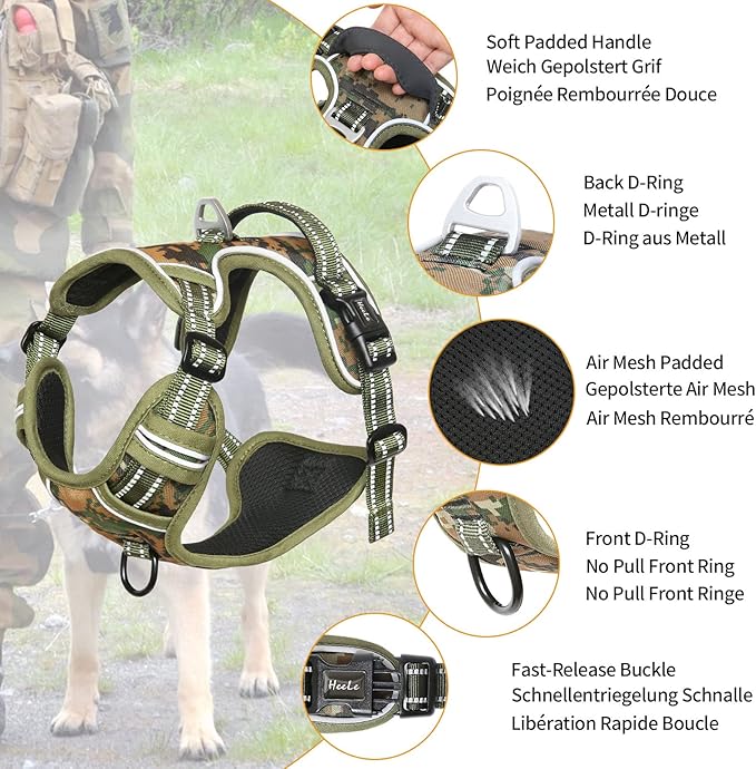 HEELE Dog Harness, No Pull Adjustable Padded Reflective Harness for Small Medium Large Dogs with Handle for Walking Training, Camo Green, S