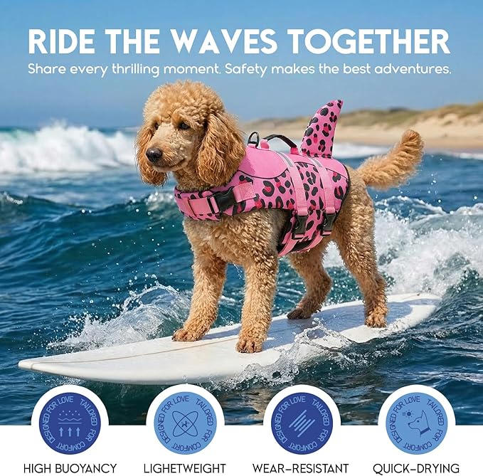 ASENKU Dog Life Jacket - Pet Safety Vest for Swimming & Boating, Shark Life Jacket with Floatation, Dog Lifesavers Swimsuits for Small Medium Large Dogs (Pink Leopard, S)