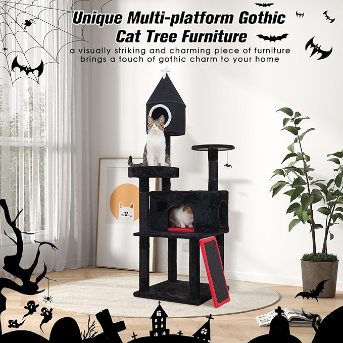 64" Modern Gothic Cat Tree Natural Branch Multifunctional Hammock Cat Tower, Luxury Black Cat Condo Indoor, Plush Toys Gift for Large/Medium Cats
