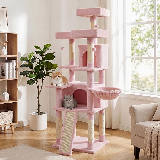 PETSITE Multi-Level Cat Tree, 65 Inches Tall with Sisal Scratching Posts, Condos, Rotatable Cat Basket, Dangling Balls, and Sisal Ladder, Ideal for Indoor Cats to Play and Rest (Pink)