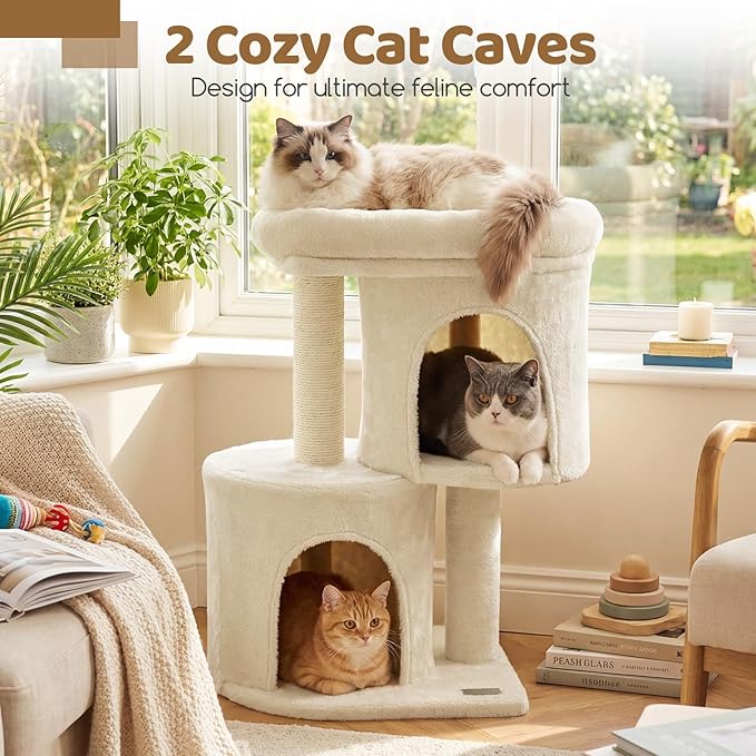 DORTALA Cat Tree for Indoor Cats, 26-Inch Cat Tower with 2 Cozy Condos, Sisal Scratching Post, Plush Top Perch, Modern Kittens Activity Play Center (Beige)
