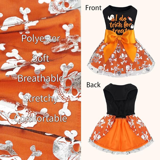 XPUDAC Halloween Dog Dress Costumes for Small Dogs Girl Tulle Dress Dog Clothes Skull Holiday Pet Costume Cat Outfits, Orange-Small