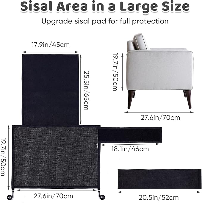 NATUYA Cat Scratch Furniture Couch Protector - Large Sisal Cat Scratching Pad Sofa Corner Arm Shield, Cat Scratcher for Sofa (Black, Right)