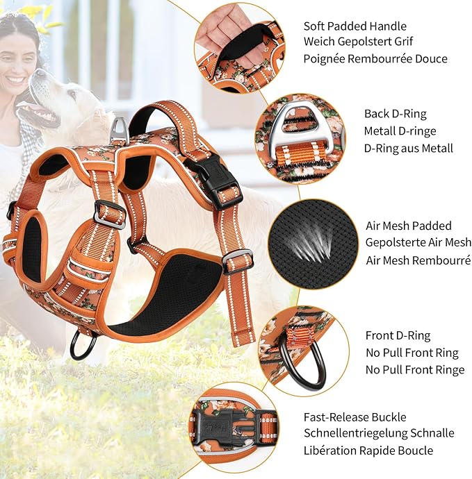 HEELE Dog Harness, No Pull Adjustable Padded Reflective Harness for Small Medium Large Dogs with Handle for Walking Training, Flower-Orange,M