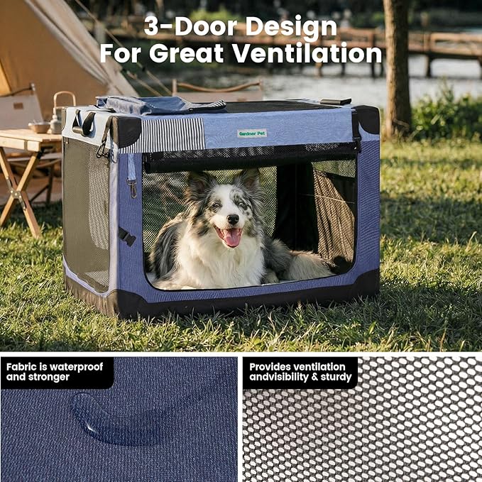 Gardner Pet Soft Collapsible Dog Crate - 36 Inch Portable Travel Dog Crate for Medium/Large Dogs Indoor & Outdoor, 3-Door Pet Crate with Durable Mesh Windows & Storage Bag, Blue