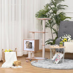 PawHut 47” Modern Cat Tree Multi-Level Scratching Post with Cube Cave Enclosure - Oak Wood and White