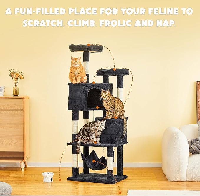 Cat Tree for Indoor Cats - 63in Multi-Level Large Cat Tower with 2 Big Cat Condos, 2 Padded Perches, Hammock, 6 Sisal-Covered Scratching Post and Toys for Kittens Pet Play House, Smoky Grey
