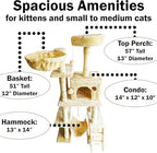 Beige Cat Tree Tower for Indoor Cats & Kittens, 57" Tall Multi-Level with Comfy Perch & Basket, Hideaway Condo, Sisel Scratcher Posts & Ladder, Ball Toys, & Dangling Rope - by SciencePurchase
