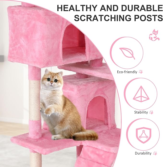 70" Multi-Level Cat Tree Tower with Scratching Posts, Toys & Condo - Space-Saving Design for Indoor Kittens, Compact Floor Footprint & Vertical Space for Multi-Cat Homes-Pink