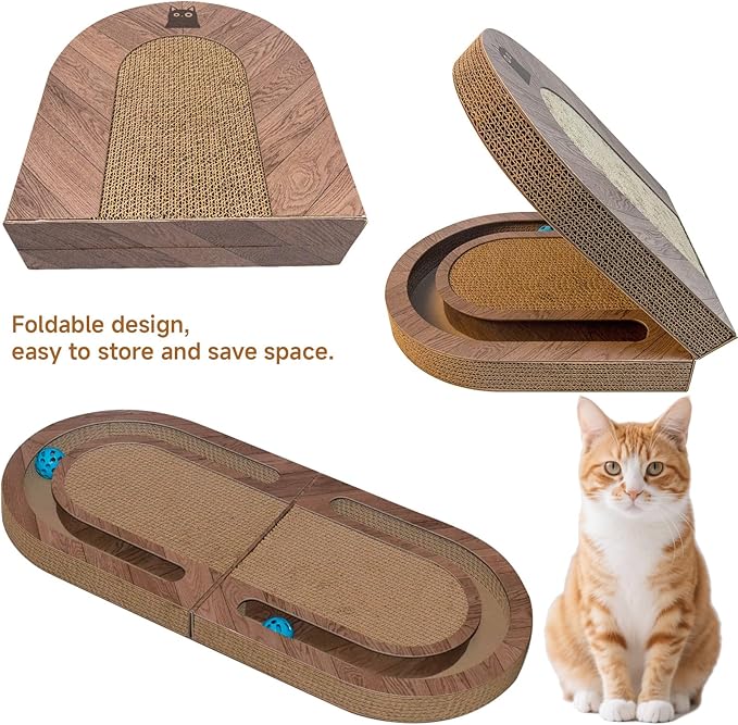 Cat Scratcher, 26 Inch Cat Scratching Post, Foldable L Shape Cat Scratch Pad with Ball Toy, Interactive Cat Toys for Indoor Cats