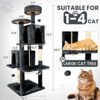 57inch Large Cat Tree Tower Condo for Indoor Cats, Soft Plush Multi-Level Climbing Tree Cat House with Cat Cave, Scratching Post, More Entrance/Exit, Sisal Rope, Grey Black