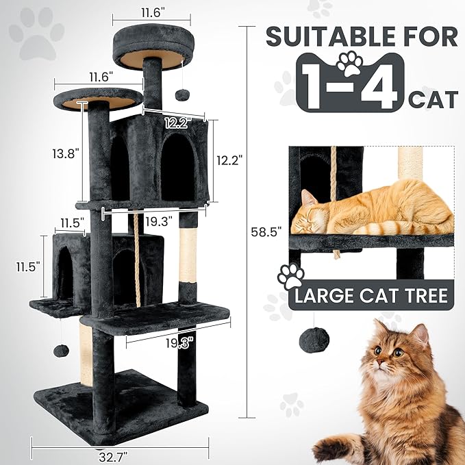 57inch Large Cat Tree Tower Condo for Indoor Cats, Soft Plush Multi-Level Climbing Tree Cat House with Cat Cave, Scratching Post, More Entrance/Exit, Sisal Rope, Grey Black
